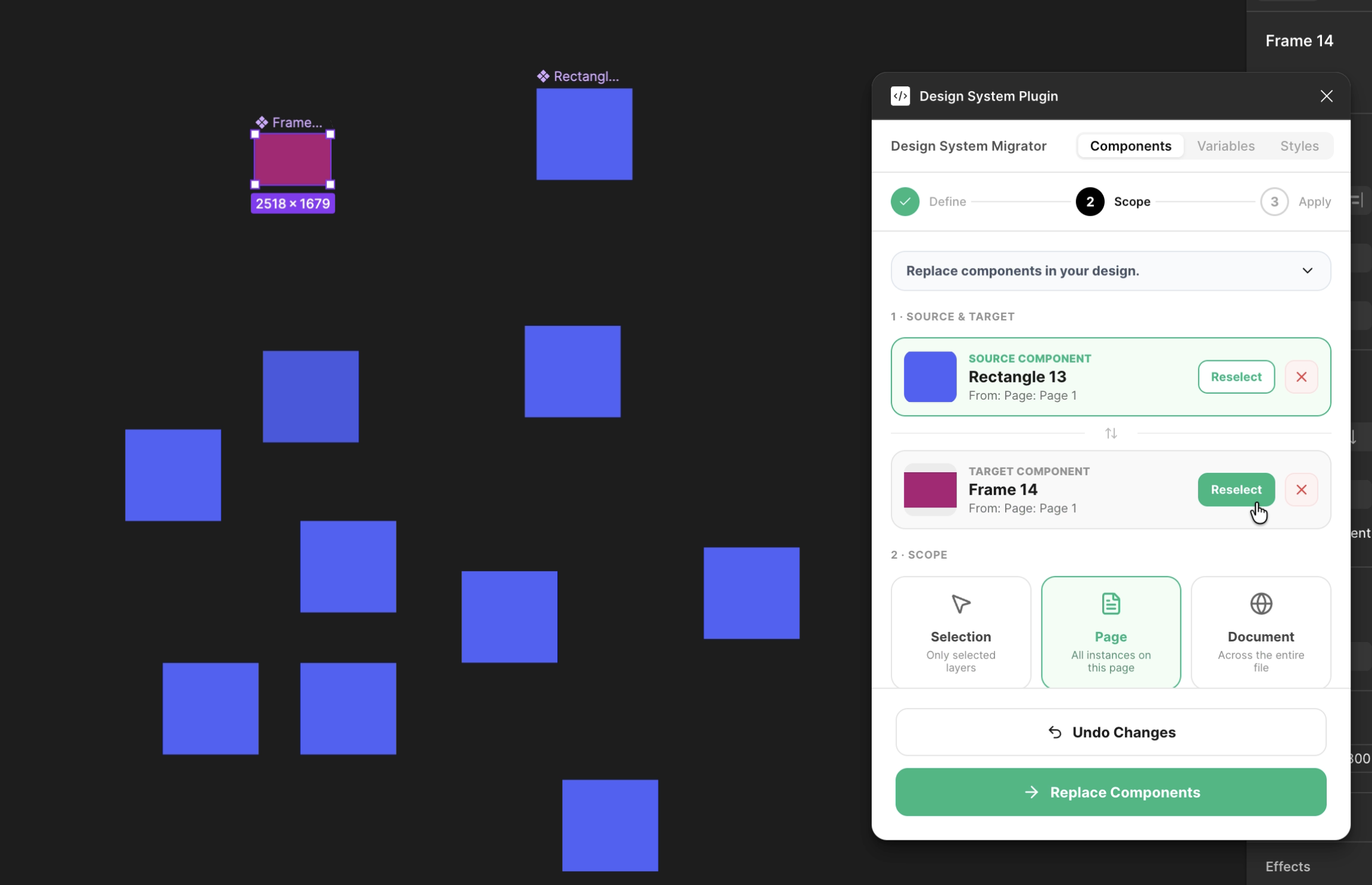 Plugin panel showing both source and target component selected and mapped