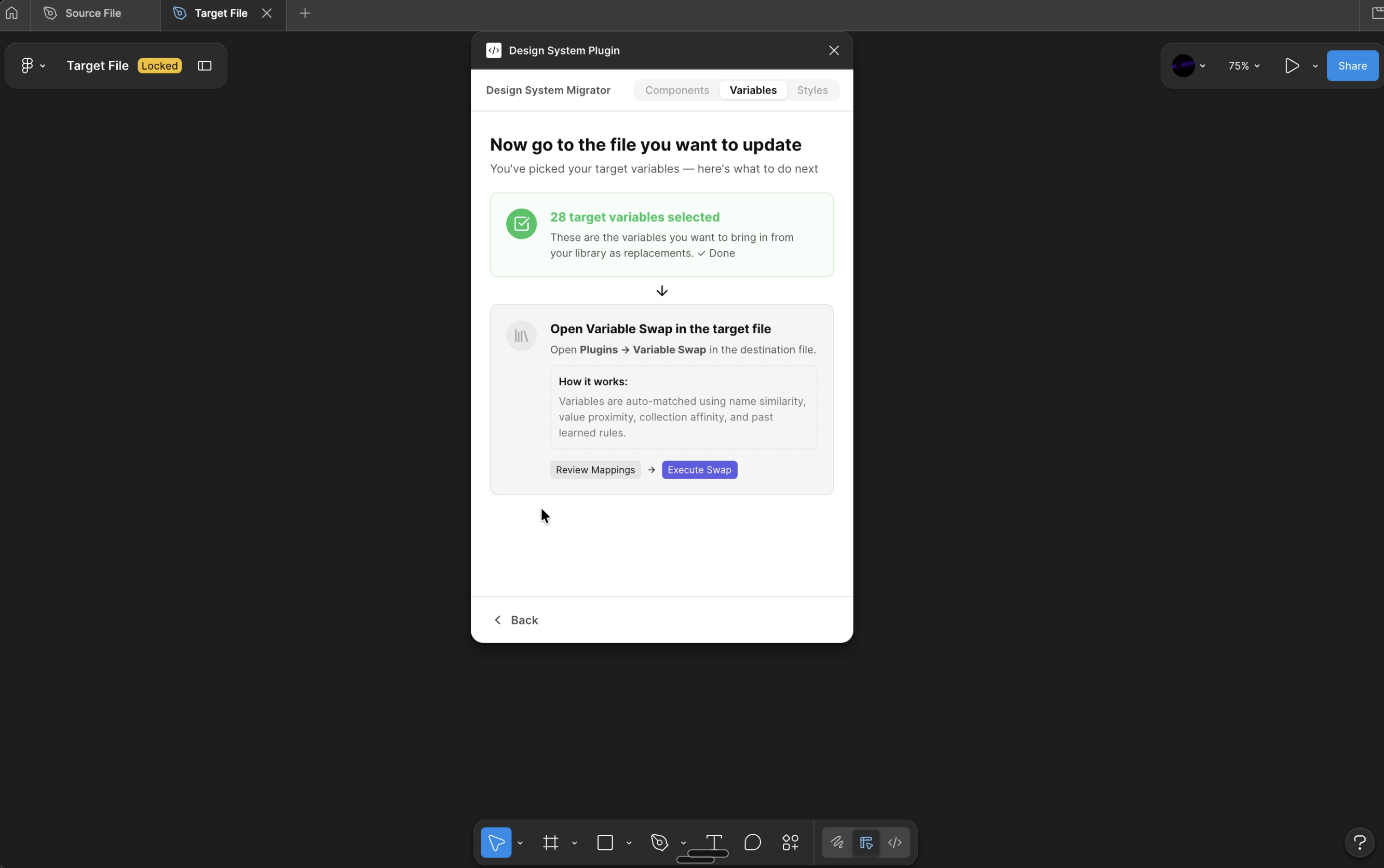 Switching to the target design document while the plugin maintains the source bridge